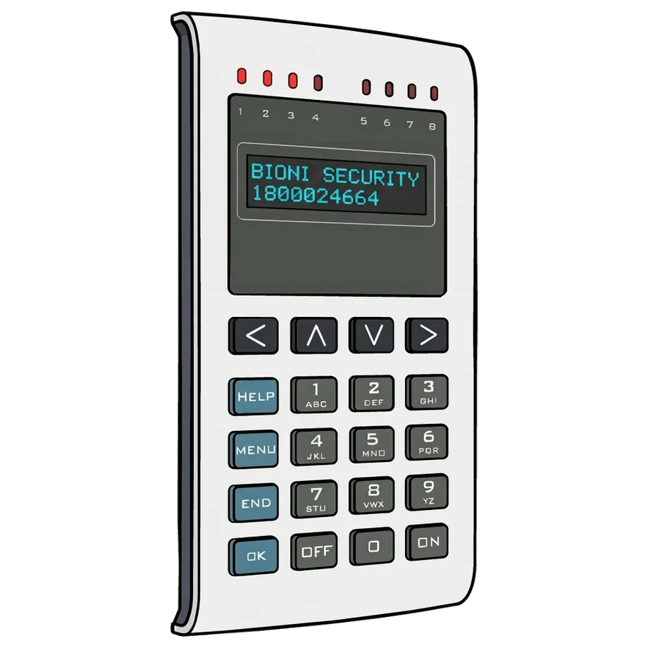 Bioni alarm keypad — the display reads “BIONI SECURITY · 1800 024 664”