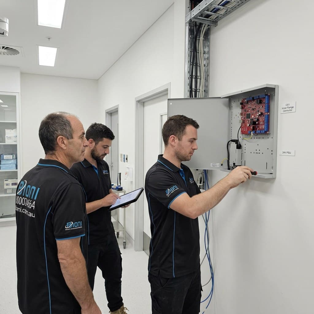 Three licensed Bioni technicians commissioning a security and electrical panel
