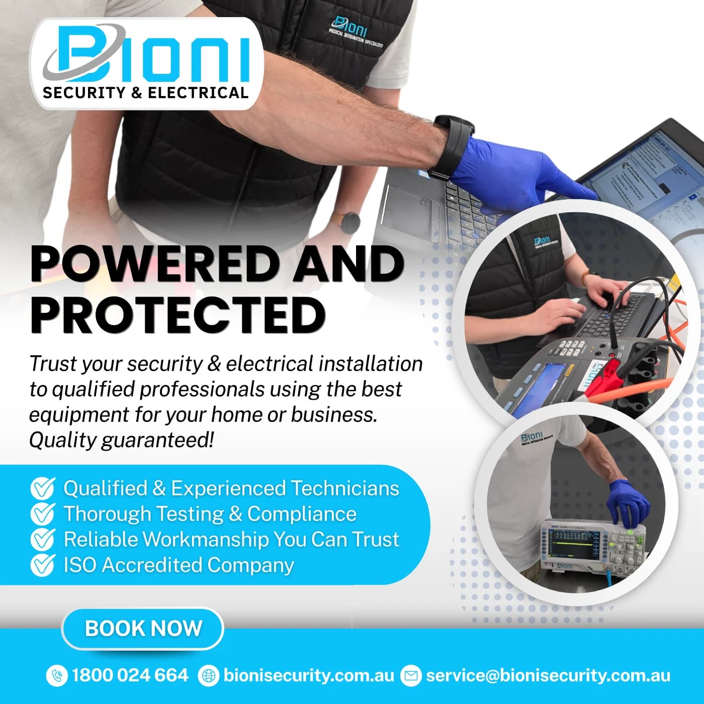 Bioni Security & Electrical — qualified technicians, thorough testing and compliance, ISO-accredited security and electrical installation