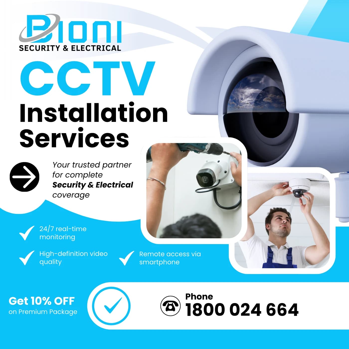 Bioni Security & Electrical CCTV installation services — 24/7 monitoring, HD video, remote smartphone access